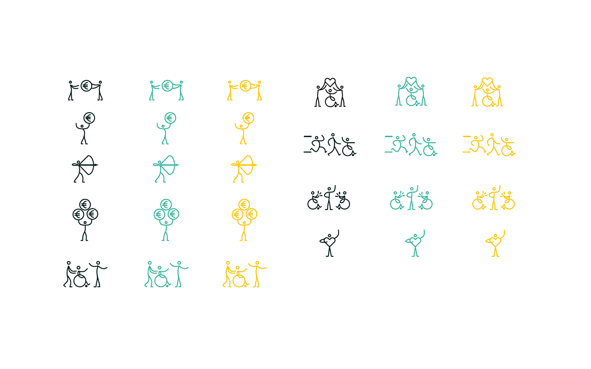 Des rangées de personnages en bâton, dont certains en fauteuil roulant, tiennent des symboles monétaires et applaudissent. Chaque rangée est d'une couleur différente sur fond blanc, célébrant l'accessibilité et l'inclusion des personnes handicapées. Limbus Studio
