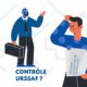 Illustration d'une personne inquiète avec un document et une autre tenant une mallette, intitulée "Création Contrôle URSSAF ?" Parfait pour le blog WordPress d'une agence. Limbus Studio