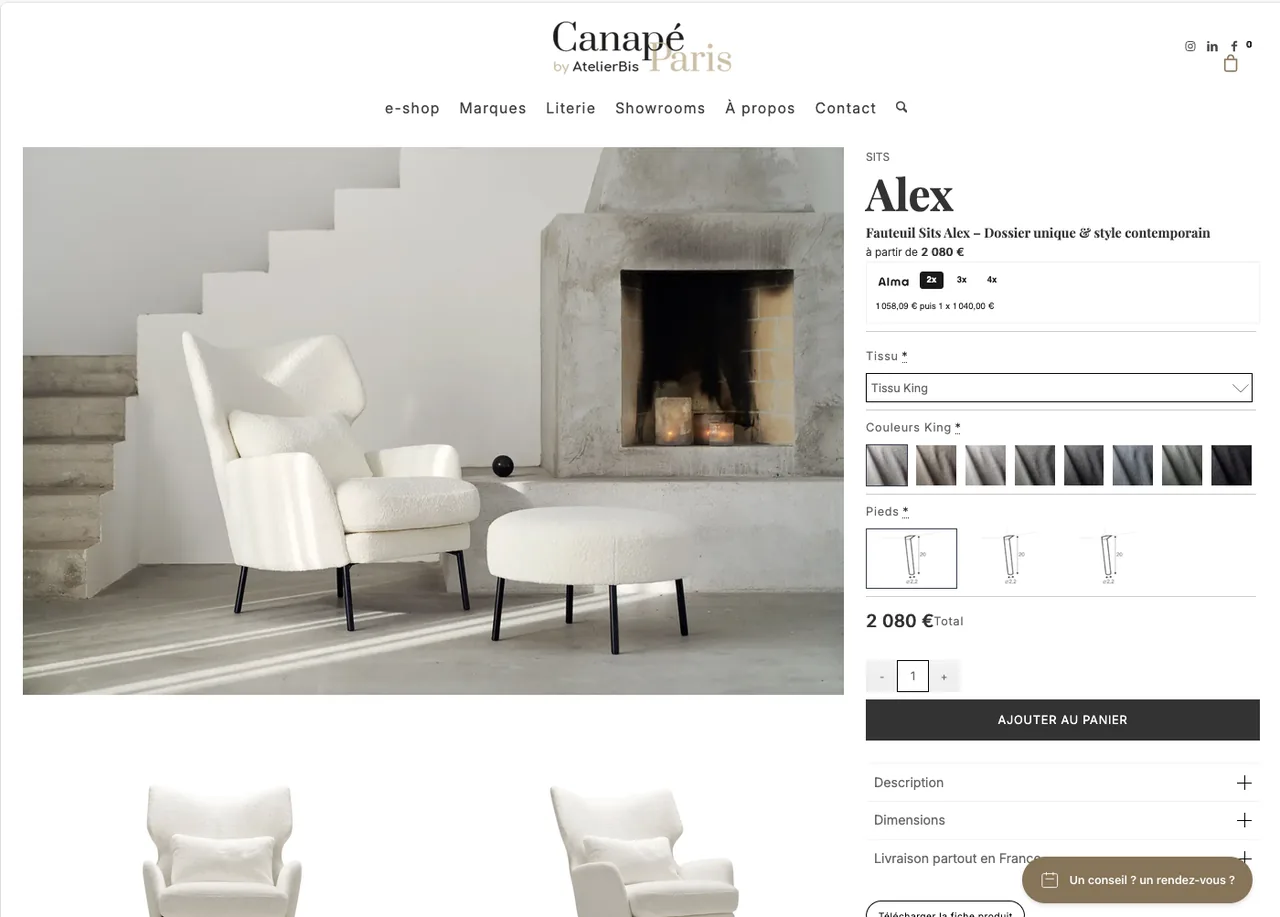 Fiche produit configurable sur la boutique Canapé Paris
