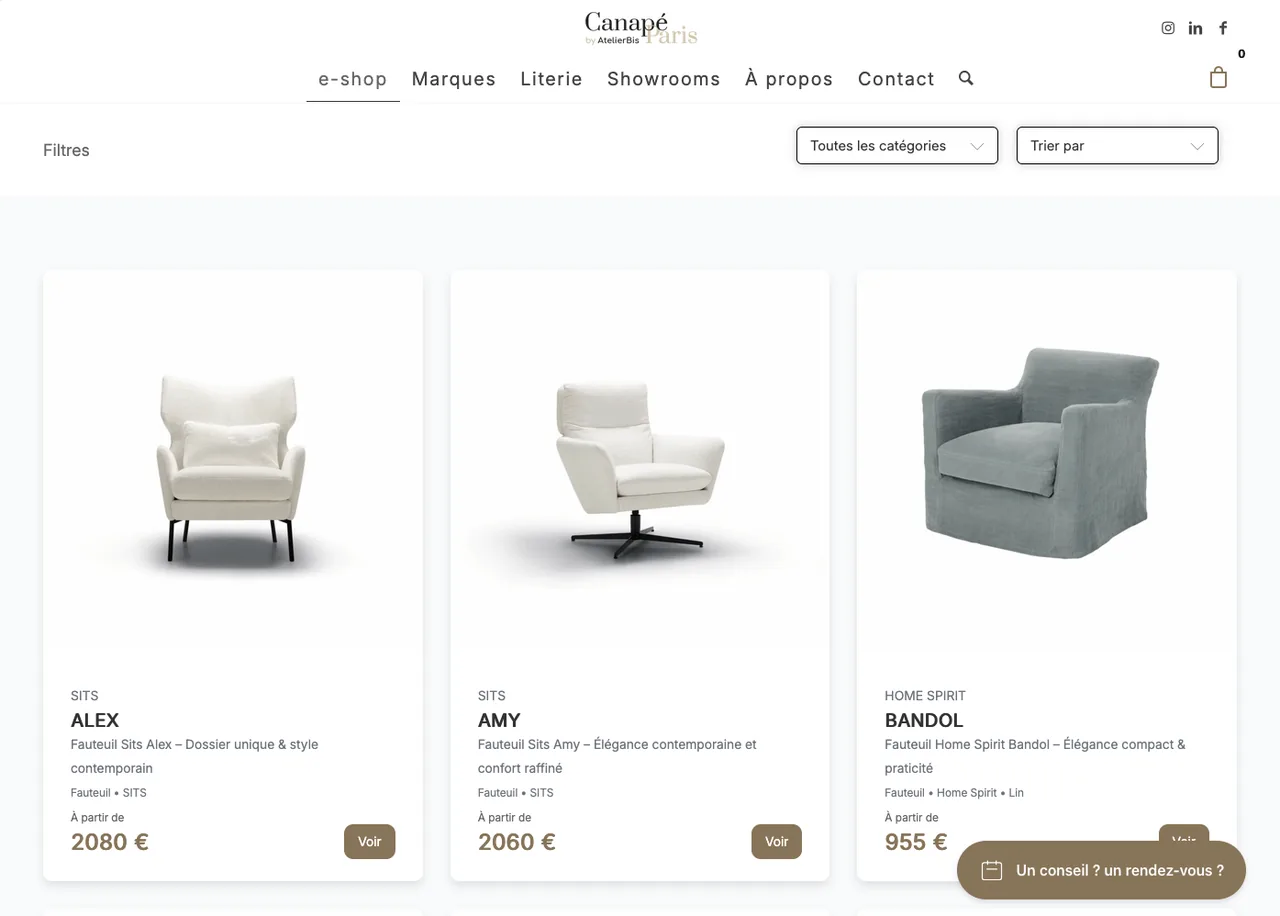 Liste des produits de la boutique en ligne Canapé Paris