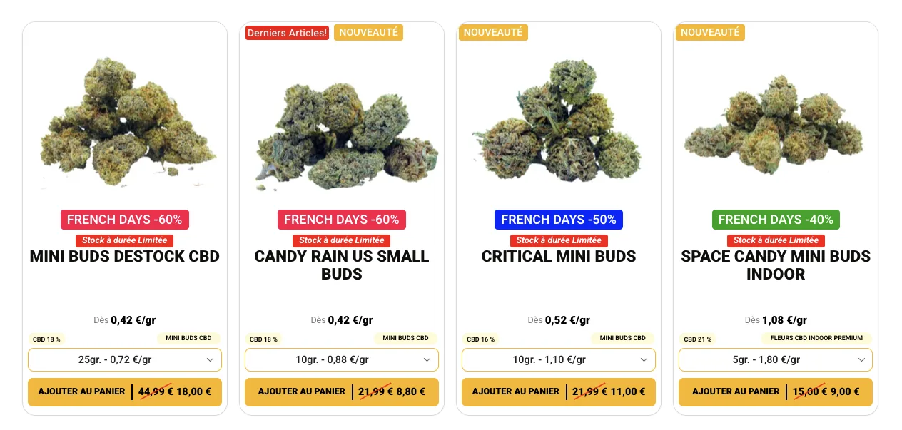 Vignettes produit de DestockCBD pendant une campagne promotionnelle
