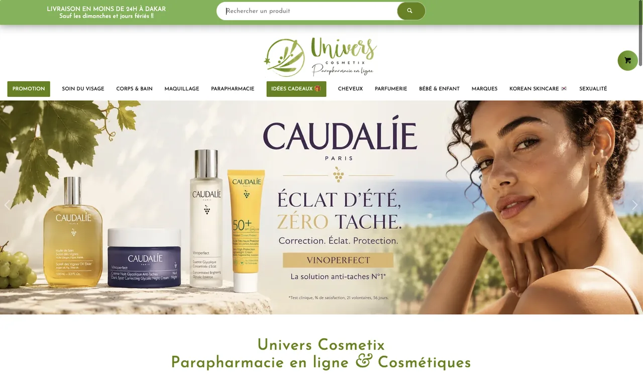 Page d'accueil de la boutique en ligne Univers Cosmetix