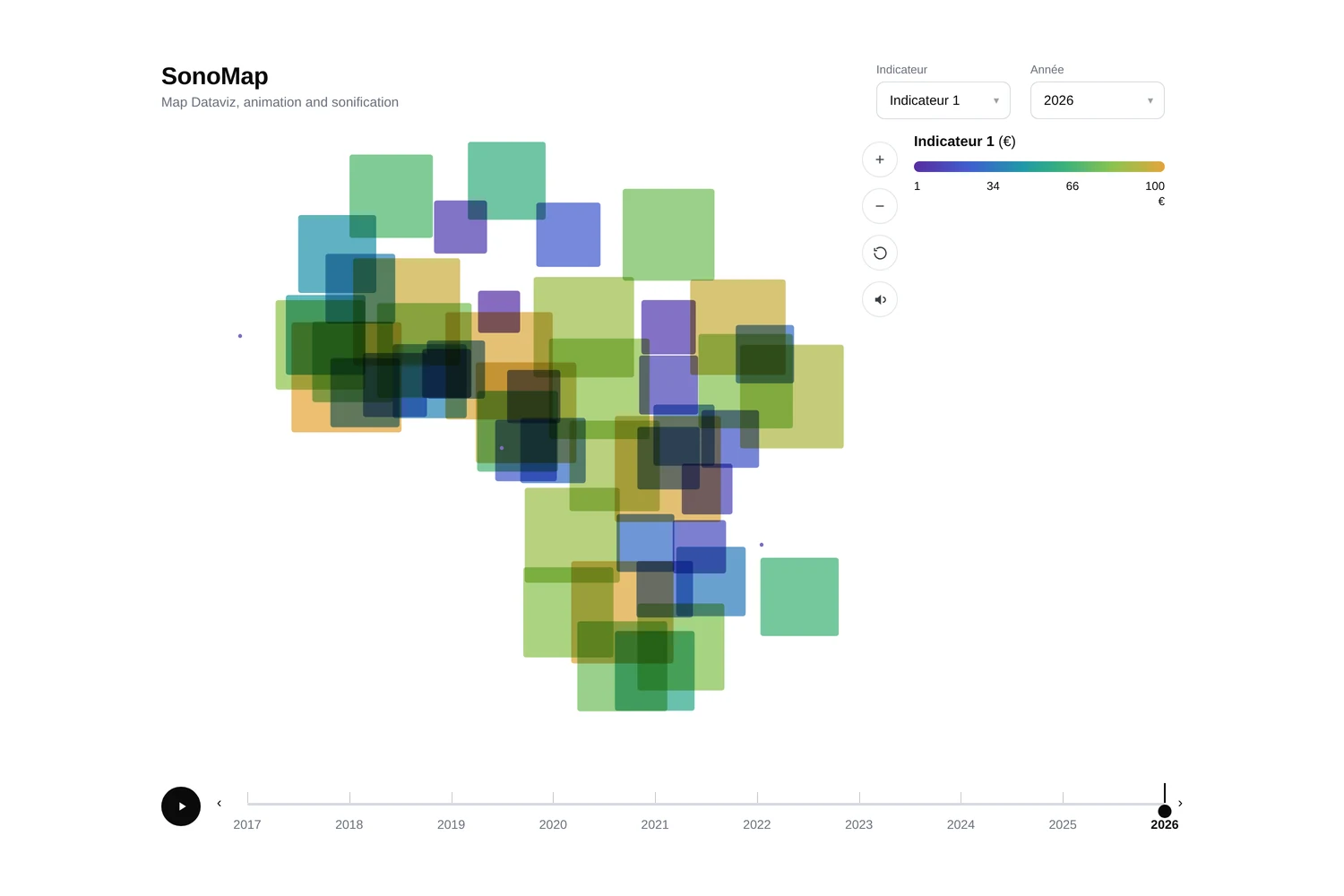 SonoMap : cartogramme de l’Afrique, chaque pays représenté par un carré coloré selon la valeur d’un indicateur, avec une timeline de 2017 à 2026 sous la carte