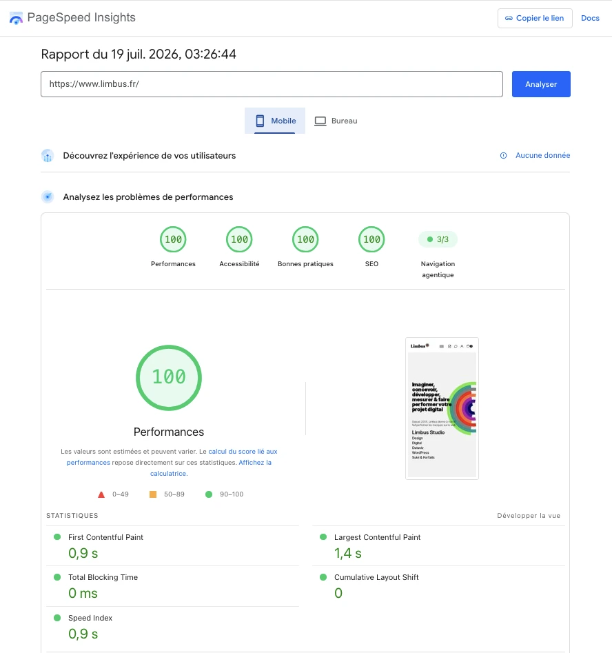 Rapport PageSpeed Insights de limbus.fr sur mobile : 100 en performances, 100 en accessibilité, 100 en bonnes pratiques, 92 en SEO, LCP 1,4 s, CLS 0