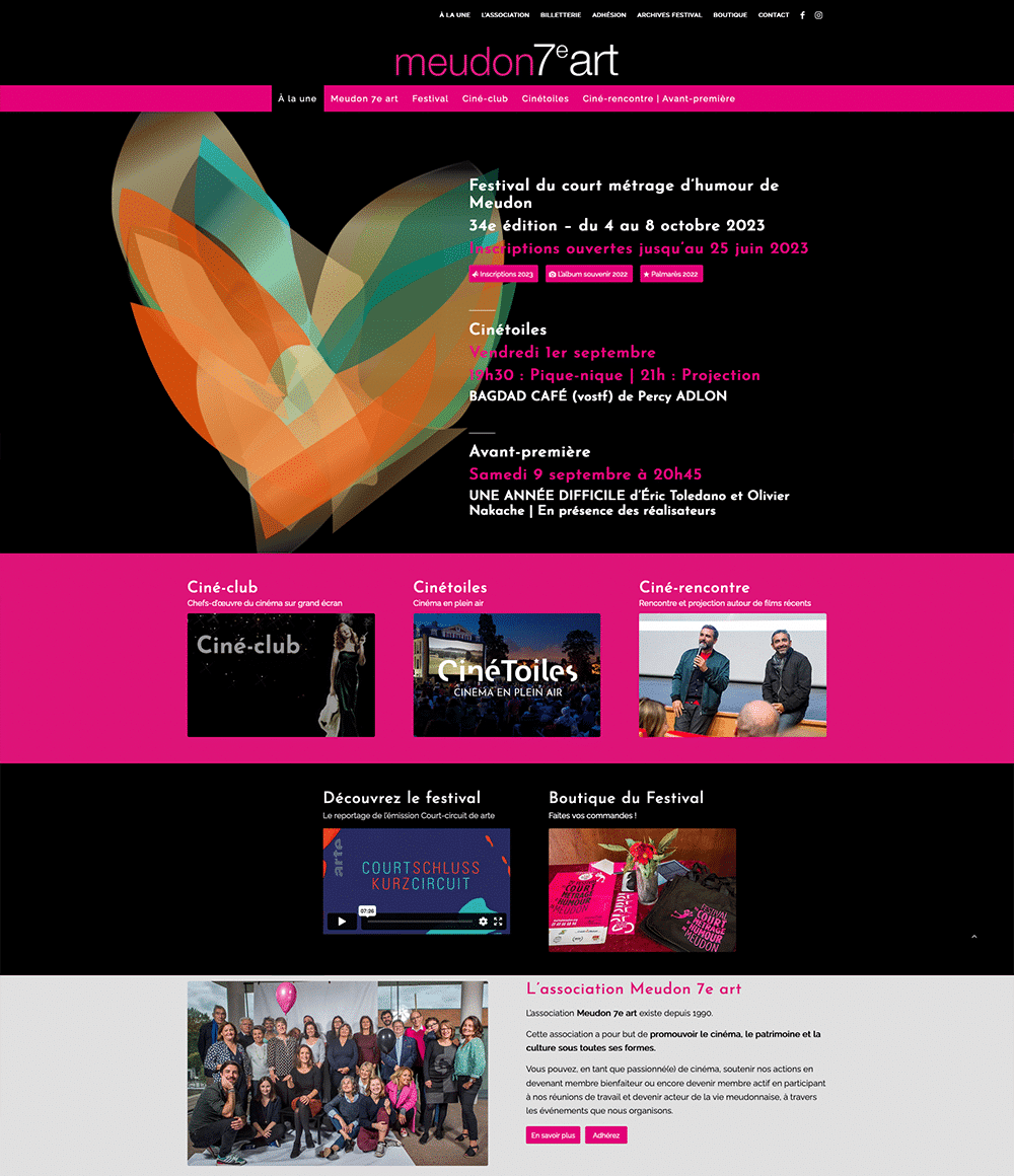 Capture d'écran du site Internet du festival Meudon7art, conçu avec un design épuré. Il présente les détails de l'événement et des images dynamiques des participants, le tout élégamment présenté sur une plateforme WordPress soignée. Limbus Studio