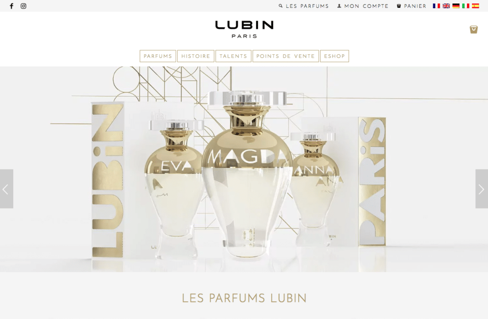 Les flacons de parfum Lubin Paris sont élégamment présentés sur un fond blanc minimaliste, incarnant la sophistication du design du studio. Limbus Studio