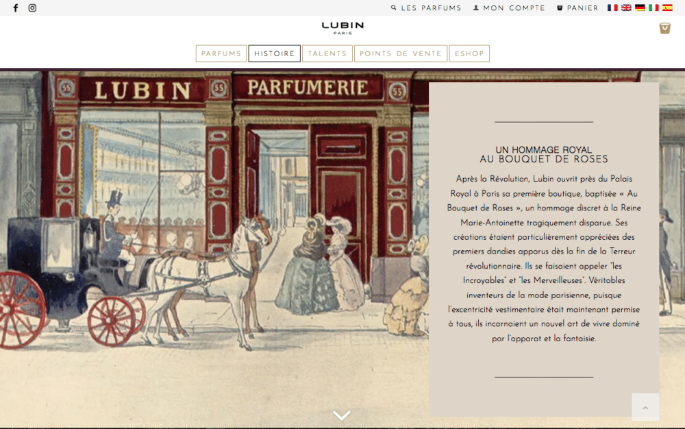 Illustration de personnes en tenue du XVIIIe siècle à l'extérieur d'une parfumerie de Lubin, décorée avec des détails de conception exquis, mettant en vedette une calèche. Limbus Studio