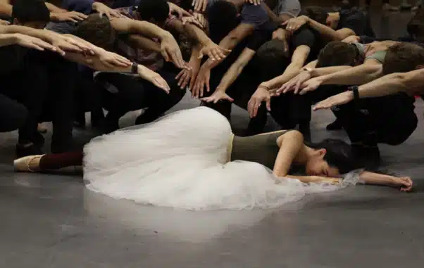 Dans une pose dramatique, la ballerine en tutu blanc est allongée sur scène, entourée de danseurs qui tendent les bras vers elle, créant un tableau vivant qui pourrait sortir tout droit d'un atelier d'art. Limbus Studio