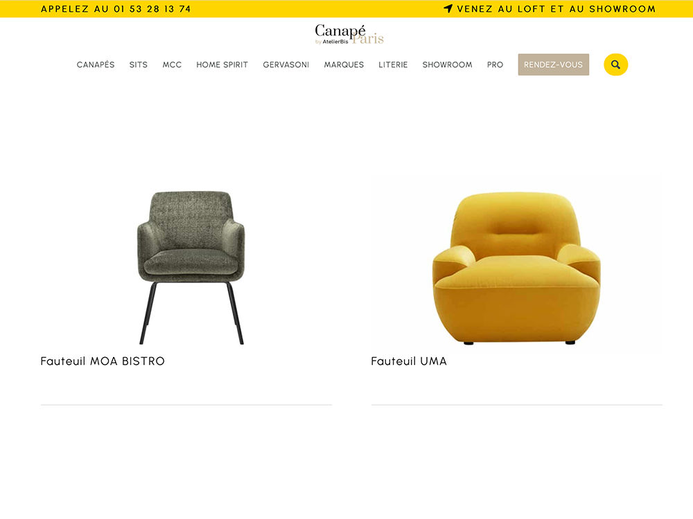 Deux chaises sont exposées : une chaise MOA BISTRO grise et une chaise UMA jaune, illustrant un design exquis sur fond blanc. Limbus Studio