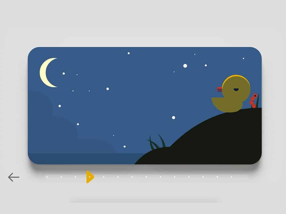 Un canard de dessin animé avec des écouteurs et un chien sont assis sur une colline sous un ciel étoilé avec un croissant de lune, créant la scène parfaite pour un design imaginatif. Limbus Studio