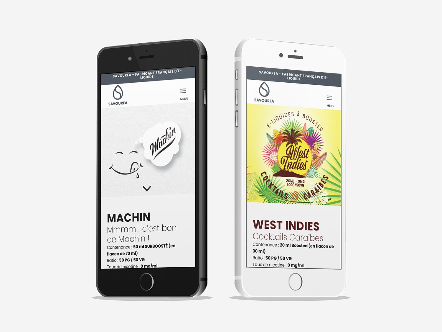 Smartphones en noir et blanc présentant le design astucieux des publicités de boissons françaises aux thèmes tropicaux. Limbus Studio