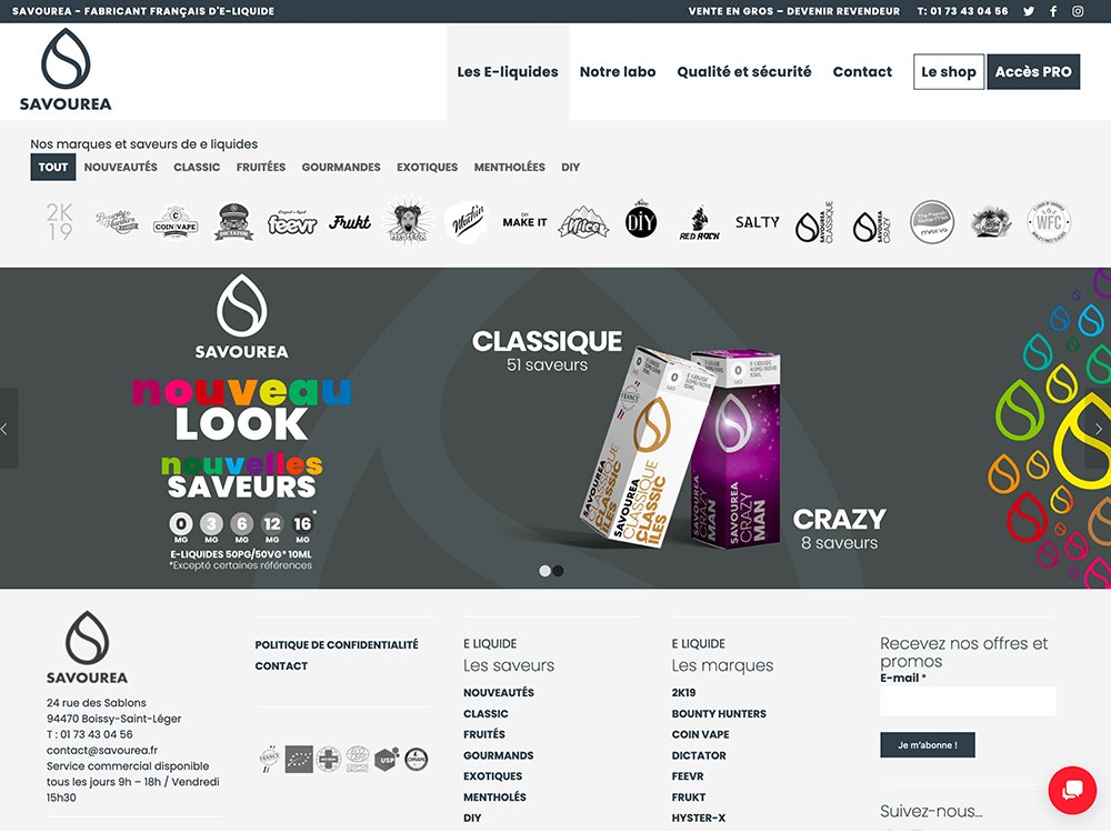 La page d'accueil, conçue avec la précision de WordPress, présente des produits e-liquides affichant un emballage coloré, tandis que le menu de navigation élégant en haut guide votre exploration. Limbus Studio