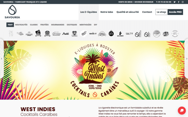 Dans un design de studio dynamique, la publicité colorée pour e-liquide présente des feuilles tropicales luxuriantes et le texte « West Indies Cocktails Caraïbes » élégamment affiché sur une étiquette circulaire. Limbus Studio