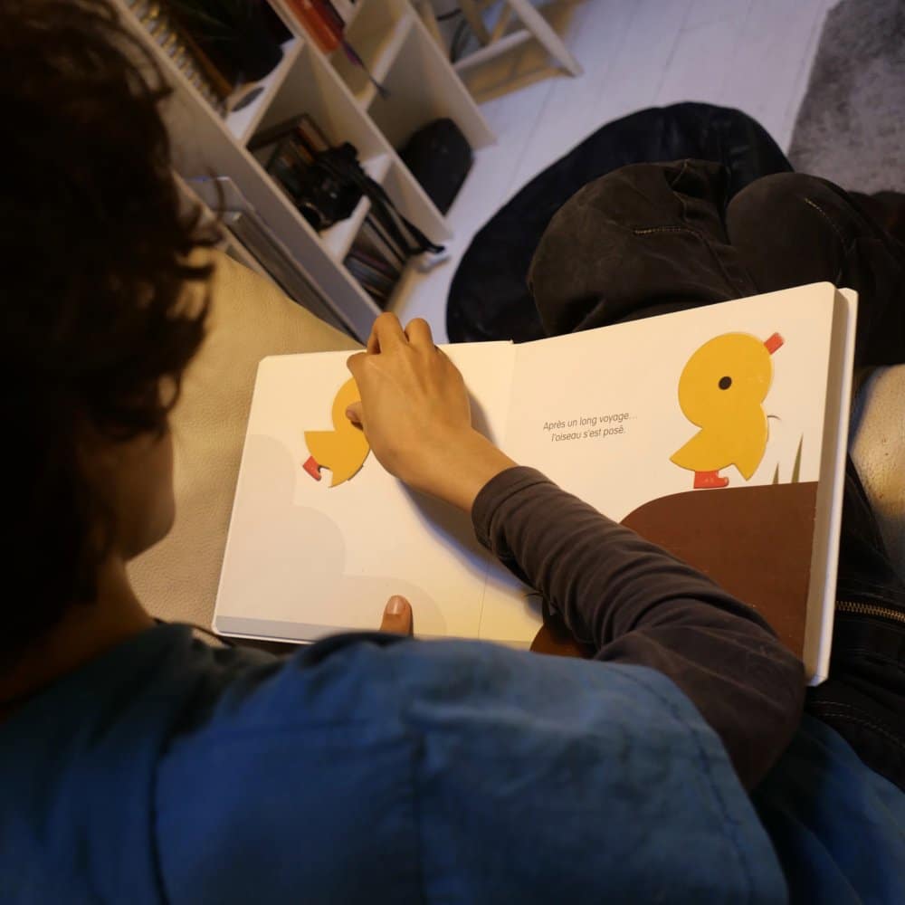 Une personne se détend sur un canapé confortable, absorbée par un livre pour enfants d'un studio renommé, captivée par la charmante illustration du caneton. Limbus Studio