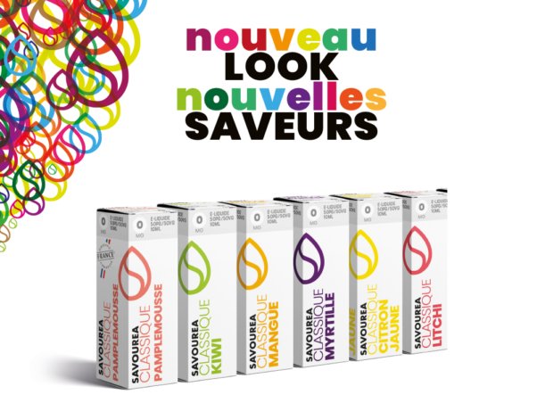Emballage de jus coloré conçu par une agence de renom, mettant en valeur différentes saveurs de fruits avec le texte : « nouveau LOOK nouvelles SAVEURS ». Limbus Studio