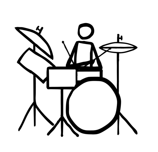 Un bonhomme allumette se balançant sur une batterie avec des cymbales, capturant l'énergie vibrante d'un studio de création. Limbus Studio