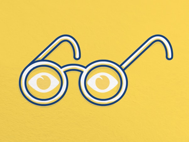 Création d'une illustration mettant en scène des lunettes avec des yeux à l'intérieur des verres sur un fond jaune vibrant. Limbus Studio