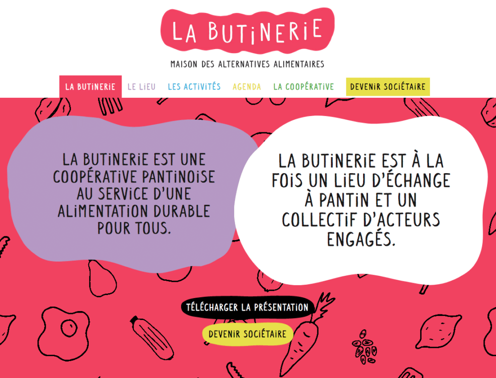 Affiche colorée pour La Butinerie, magnifiquement réalisée par un studio de design, mettant en valeur son approche coopérative de l'alimentation durable et soulignant l'engagement communautaire. Limbus Studio