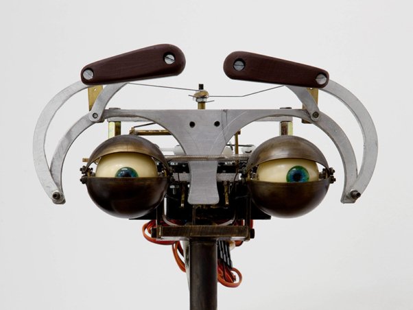 Une création mécanique avec des yeux sphériques et des pièces métalliques, ressemblant à un visage robotique. Limbus Studio