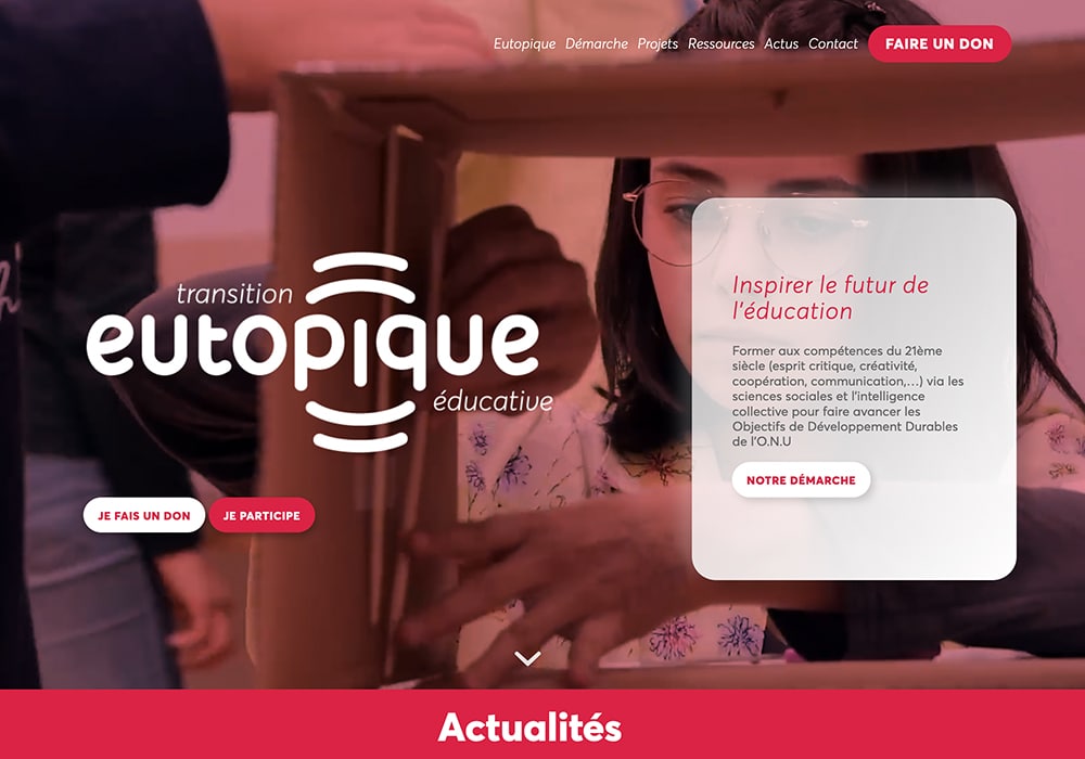 Un site bien conçu alliant « eutopique » et transition pédagogique, agrémenté d'éléments de design épurés. Construit sur WordPress, il propose un bouton de don et des liens de contact faciles pour une interaction fluide. Limbus Studio