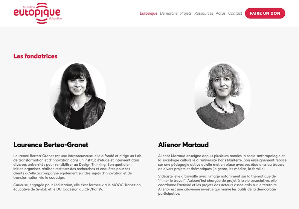 La page Web d'Eutopique présente les prouesses de conception de Laurence Bertea-Granet et d'Alienor Martaud, avec de brèves biographies et des photos. Limbus Studio