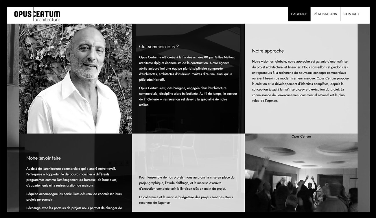 Une page Web de studio d'architecture en niveaux de gris comprenant des sections sur l'expertise en conception, l'approche innovante et une image saisissante d'une personne. Limbus Studio