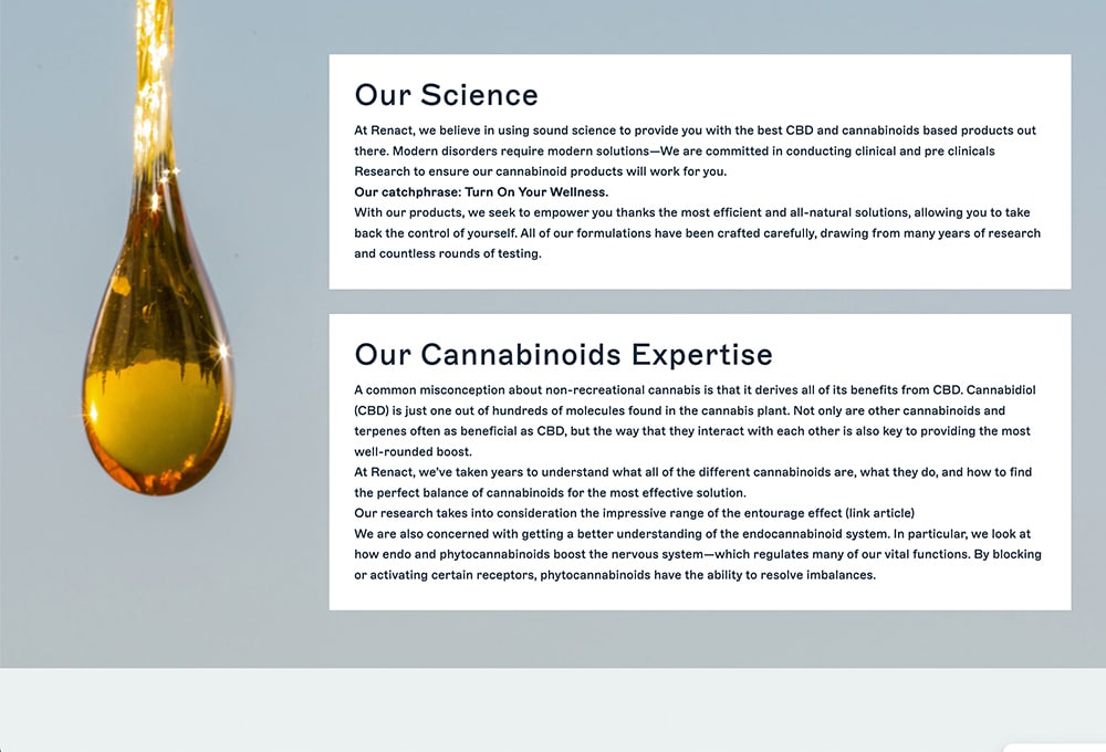 Un compte-gouttes délivrant de l'huile sur un fond bleu et blanc moderne, avec un texte mettant en valeur la science et l'expertise en cannabinoïdes. Le design élégant complète parfaitement le contenu, mettant en valeur un mélange harmonieux de créativité et de connaissances. Limbus Studio