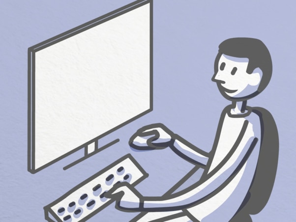 Un personnage de dessin animé d'une agence de design utilise un ordinateur avec un clavier et une souris, assis confortablement sur une chaise. Limbus Studio