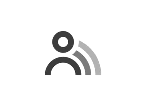 Icône de personne abstraite avec deux lignes courbes sur la droite, ressemblant à des ondes de signal, sur fond blanc - un design parfait pour vos besoins de création ou d'intégration de thème WordPress. Limbus Studio