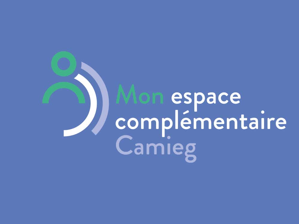 Création de logo représentant une icône de personne abstraite et le texte « Mon espace complémentaire Camieg » sur fond bleu, réalisé avec une touche créative. Limbus Studio