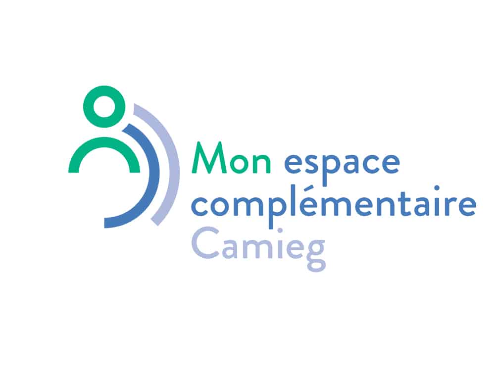 Logo avec texte « Mon espace complémentaire Camieg » en vert et bleu, mettant en vedette une icône de personne stylisée, réalisé avec une précision de studio et un design moderne. Limbus Studio
