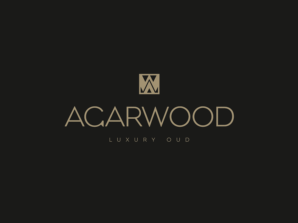 Fond noir mettant en valeur « Acarwood Luxury Oud » dans un élégant texte doré avec un logo géométrique au-dessus, rappelant les designs sophistiqués de l'agence création. Limbus Studio