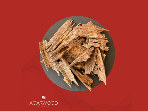 Des morceaux de bois d'agar élégamment disposés sur une surface ronde noire, sur fond rouge riche, incarnent l'essence de « Acarwood Luxury Oud ». Ce design époustouflant met en valeur le talent artistique et le savoir-faire de la création de parfums. Limbus Studio