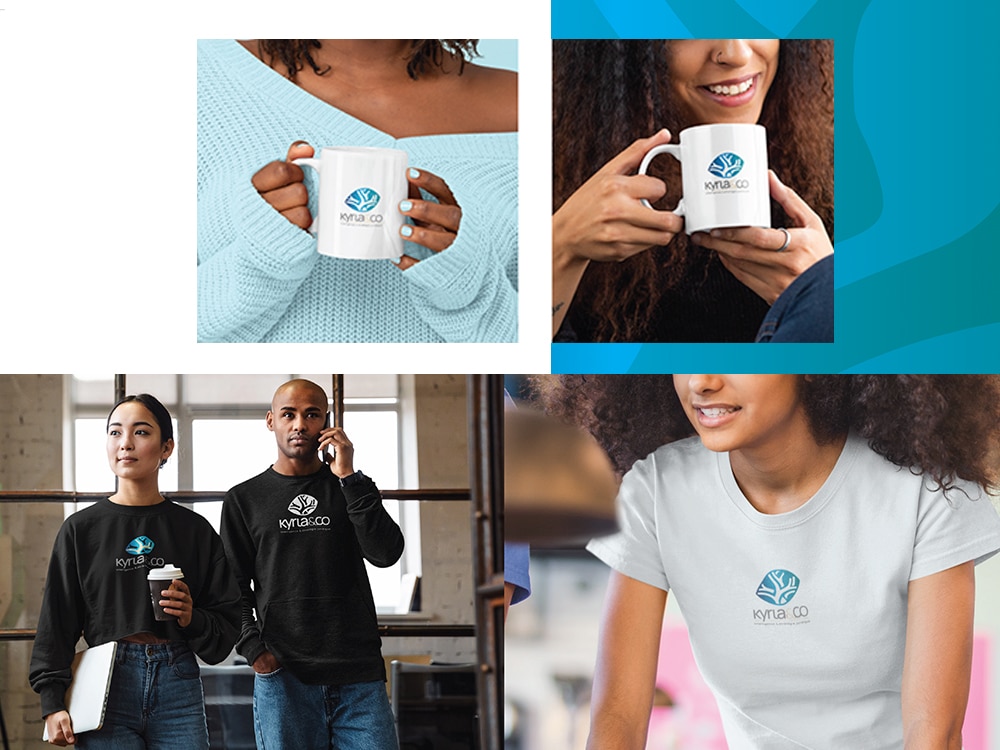 Des personnes portant des vêtements Kyna Co, capturées dans un décor de studio élégant, savourent leur café dans des tasses arborant le logo Kyna Co. Limbus Studio