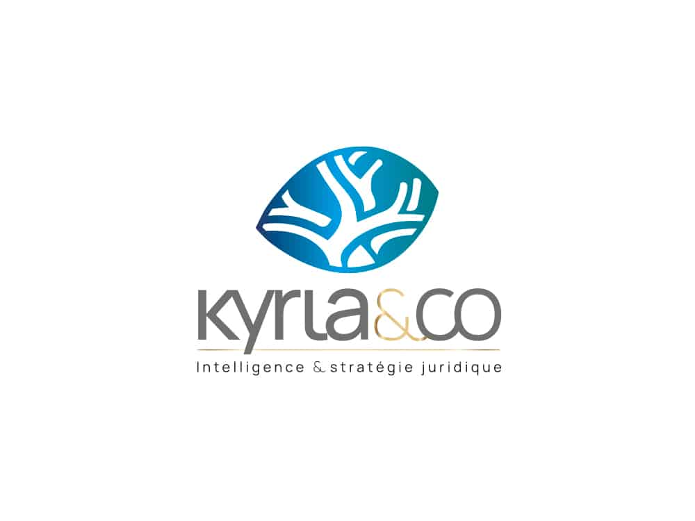 Logo avec un emblème bleu abstrait au dessus du texte "kyria & co" et "Intelligence & stratégie juridique", réalisé par un studio talentueux. Limbus Studio