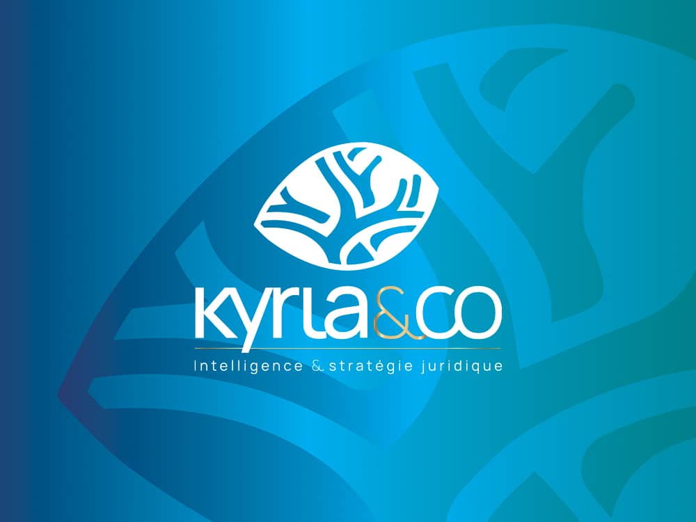 Fond bleu avec un logo abstrait blanc et le texte « kyrl&co Intelligence & stratégie juridique », mettant en valeur l'approche innovante de notre agence en matière de stratégie juridique. Limbus Studio