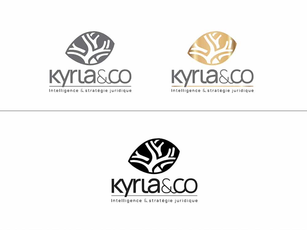 Trois variantes du logo Kyria & Co, avec un motif cérébral en gris, or et noir, présentent un design épuré. Parfait pour tout projet moderne ou site Web Wordpress à la recherche d'une touche de charme innovant. Limbus Studio
