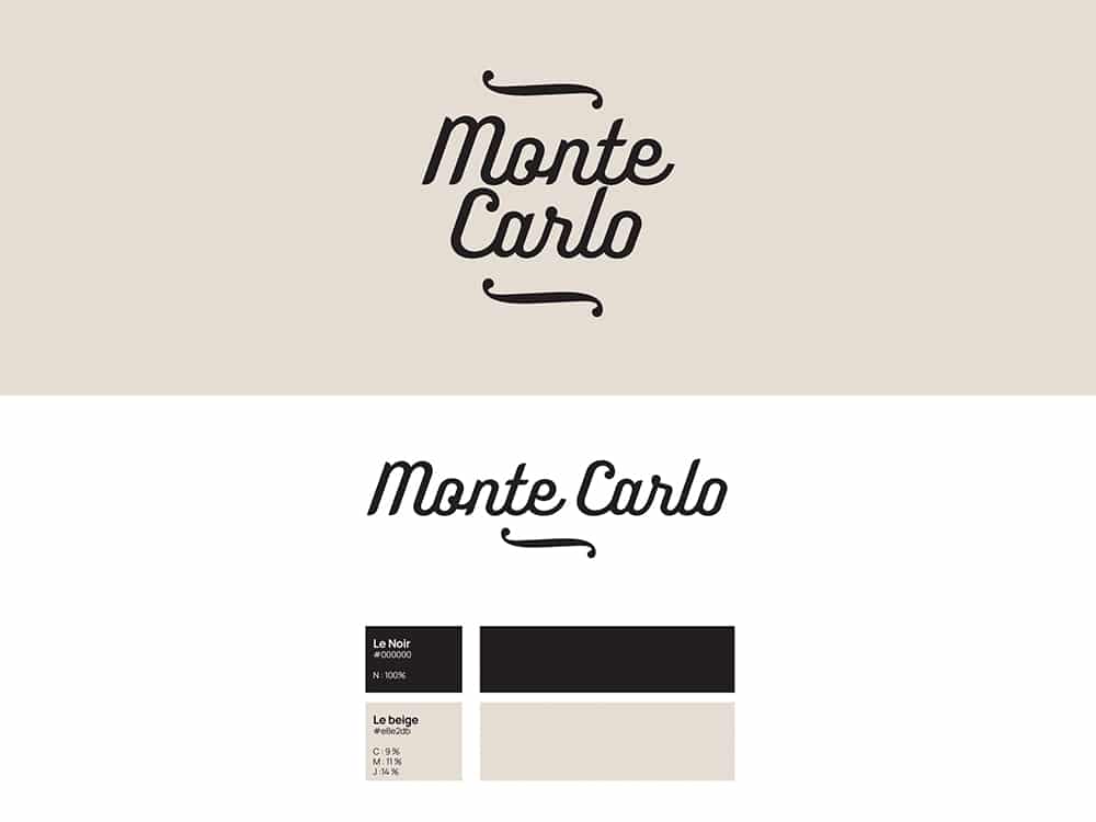 Création de logo Monte Carlo en police cursive avec nuanciers et détails typographiques. Limbus Studio