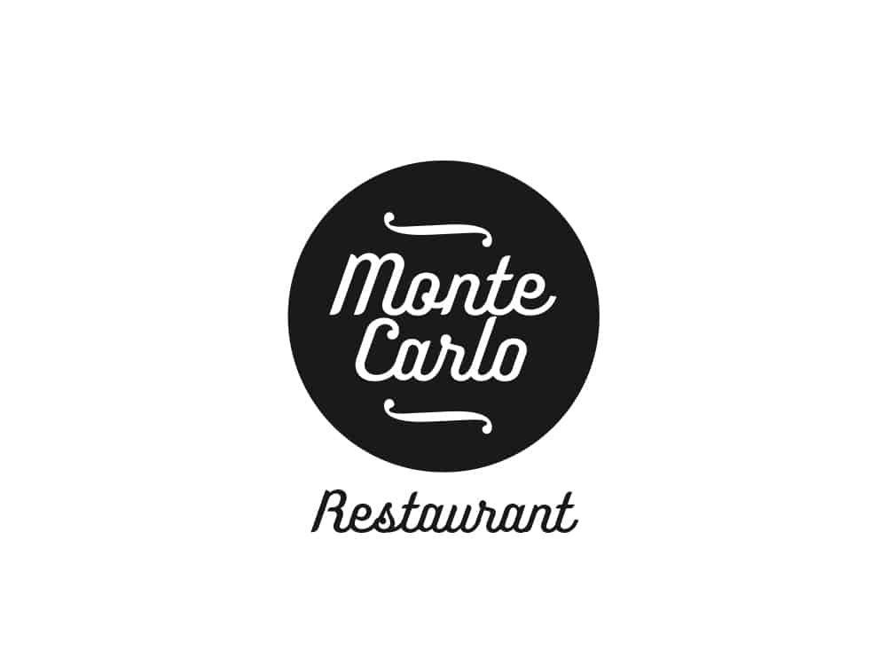 Logo circulaire noir avec « Monte Carlo » en cursive et « Restaurant » en dessous sur fond blanc, présentant un design exquis rappelant un style de studio sophistiqué. Limbus Studio