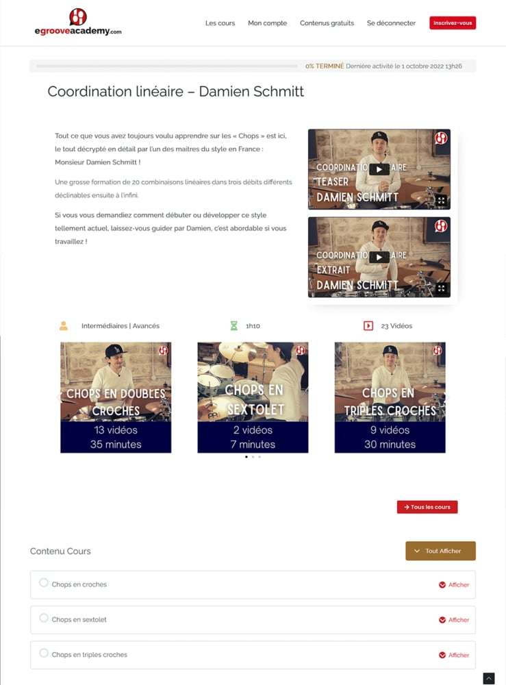 Capture d'écran d'une page Web conçue dans WordPress, présentant des exercices de coordination et des leçons vidéo par Damien Schmitt à eGroove Academy. Limbus Studio