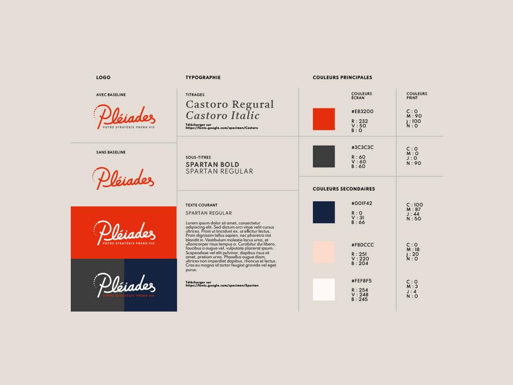 Création d'un guide de style de marque complet comprenant des variations de logo, des échantillons de typographie et des échantillons de couleurs primaires avec des codes, élaborés méticuleusement par notre équipe de studio diversifiée. Limbus Studio