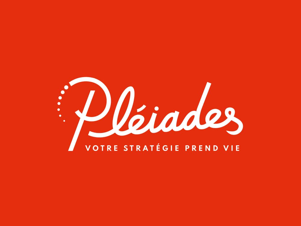 Logo « Pléiades » blanc avec texte français sur fond rouge, reflétant une esthétique de design de studio. Limbus Studio
