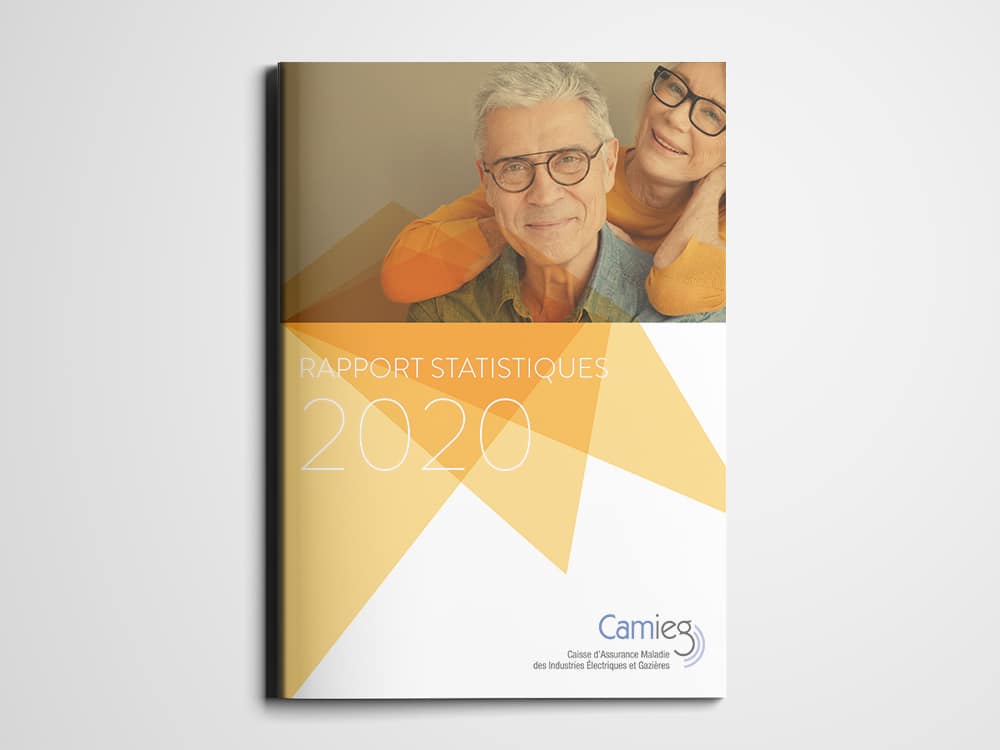 Couverture de "Rapport Statistiques 2020" réalisée par notre agence créative, mettant en scène un couple de personnes âgées souriantes et des motifs géométriques. Limbus Studio