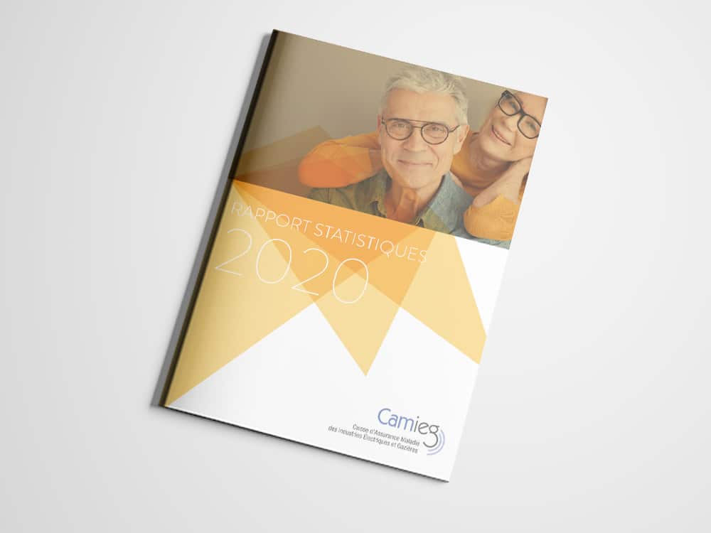 Couverture de « Rapport Statistiques 2020 » mettant en vedette deux personnes souriantes dans un design géométrique réalisé par un grand studio. Limbus Studio