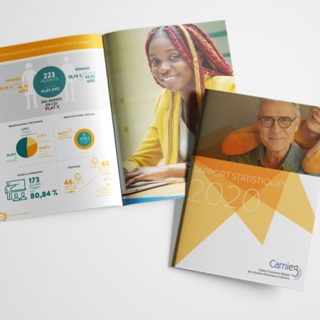 Des brochures ouvertes sur une table de studio. Les couvertures présentent « Statistiques 2020 » avec des graphiques et des personnes souriantes, ressemblant à un thème WordPress soigné créé par une agence experte. Limbus Studio