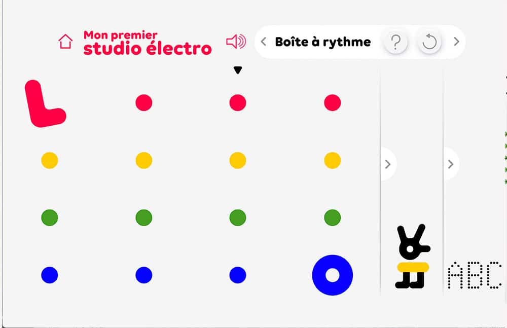 Une interface rythmique musicale colorée avec des points rouges, jaunes et verts, conçue comme « Mon premier studio électro », stimule la créativité des artistes en herbe. Limbus Studio