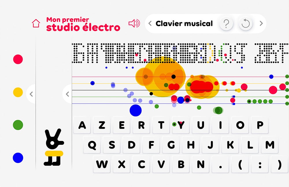 Une interface musicale dynamique comprend un clavier et des graphiques abstraits, ressemblant à l'esthétique de la création d'un studio de design à l'écran. Limbus Studio
