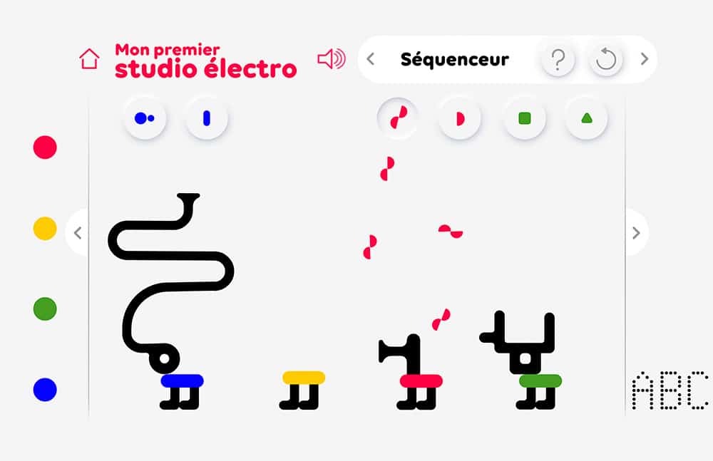Des figures abstraites colorées avec une interface française intitulée « Mon premier studio électro - Séquenceur » incarnent une fusion créative de l'esthétique du design de studio. Limbus Studio
