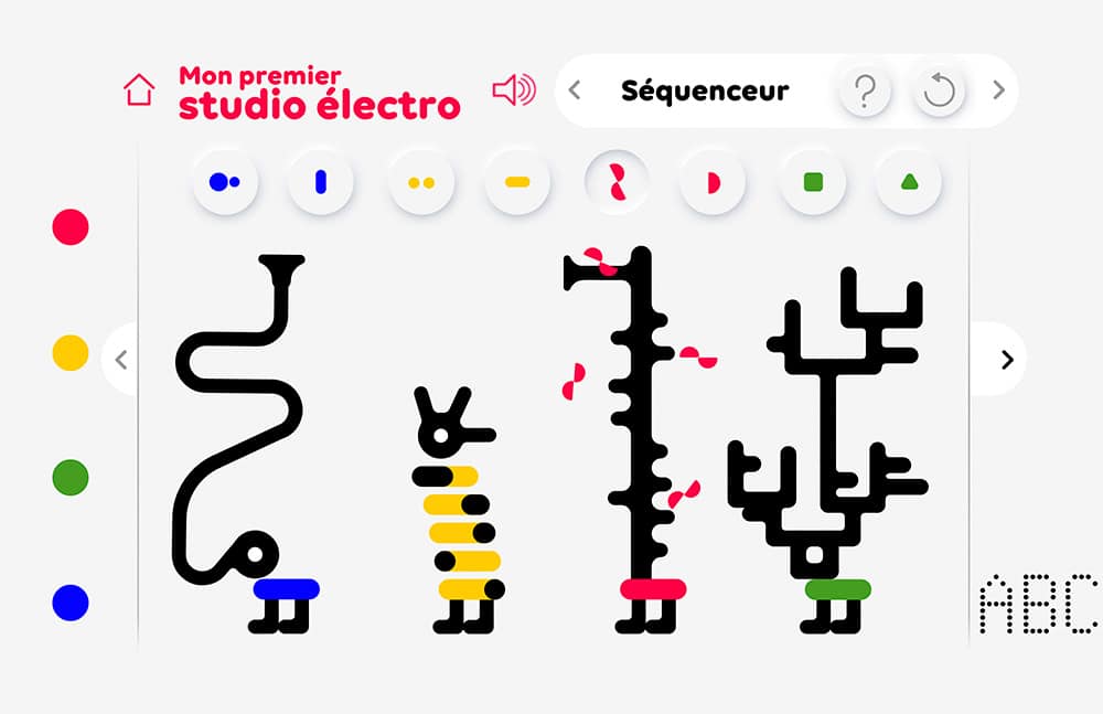 Des formes abstraites colorées avec des boutons, étiquetés « Mon premier studio électro » et « Séquenceur » en haut, créent un design ludique qui capture la créativité. Limbus Studio