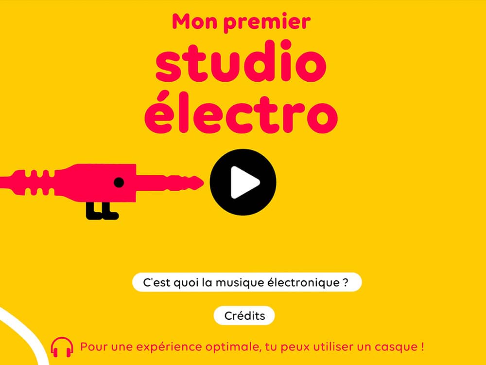 Graphisme jaune avec "Mon premier studio électro" et un bouton play, suggérant l'exploration de la musique électronique, mélangeant harmonieusement design et ambiance création. Limbus Studio